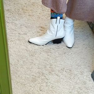JustFab white faux leather cowboy booties